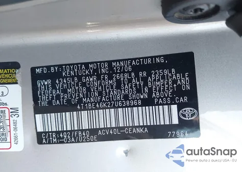 2007 Toyota Camry Ce из США, поврежденный, VIN 4T1BE46K27U638968